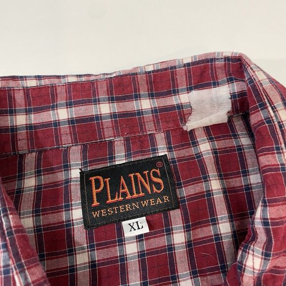 VTG Plains Men’s Western Pearl Snap Shirt Cotton Red Blue Checkered Size XL - Picture 4 of 7
